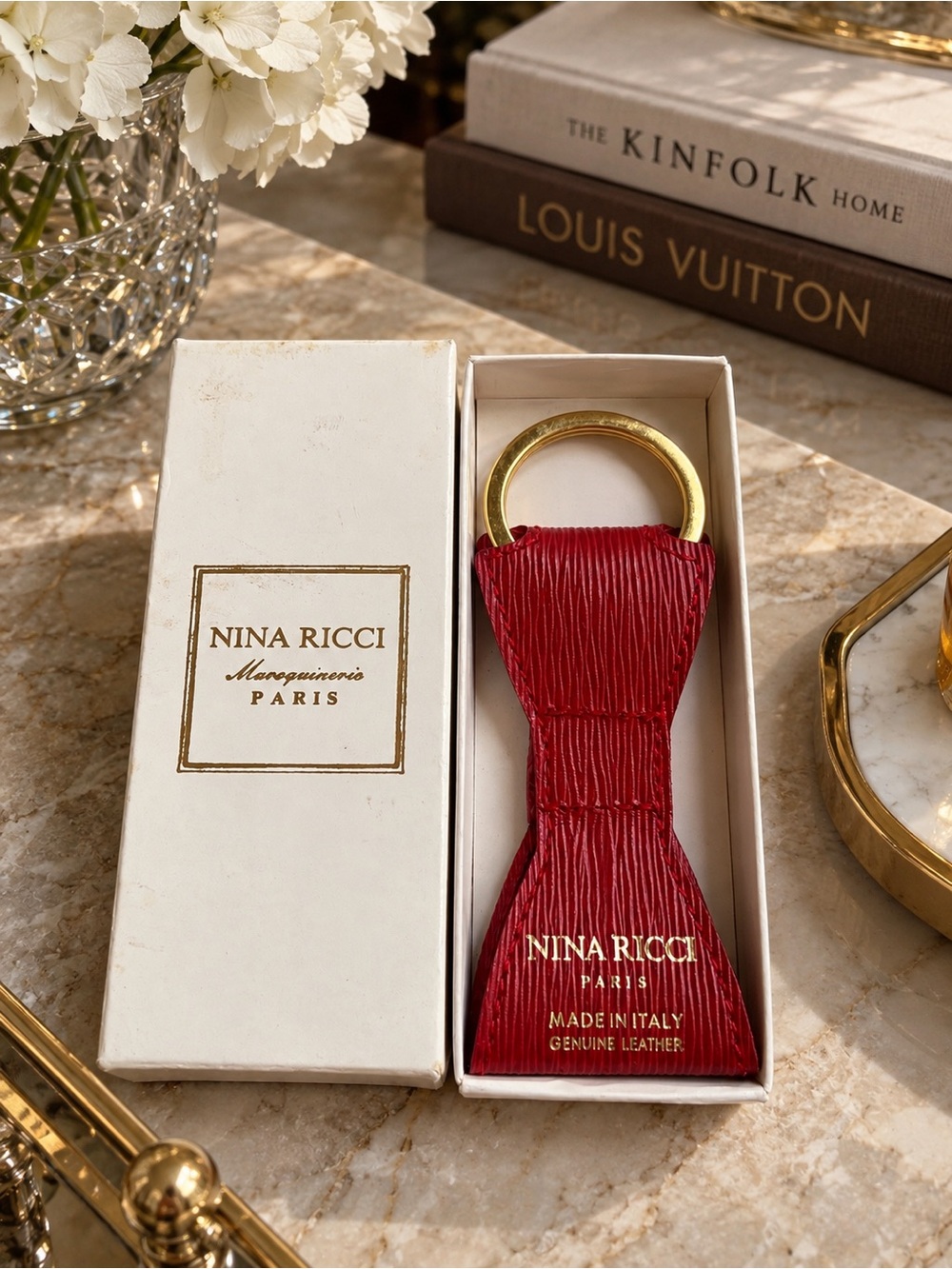 Nina Ricci Paris Red Leather Bow Keychain Key Ring Made in Italy 🇮🇹 Vintage